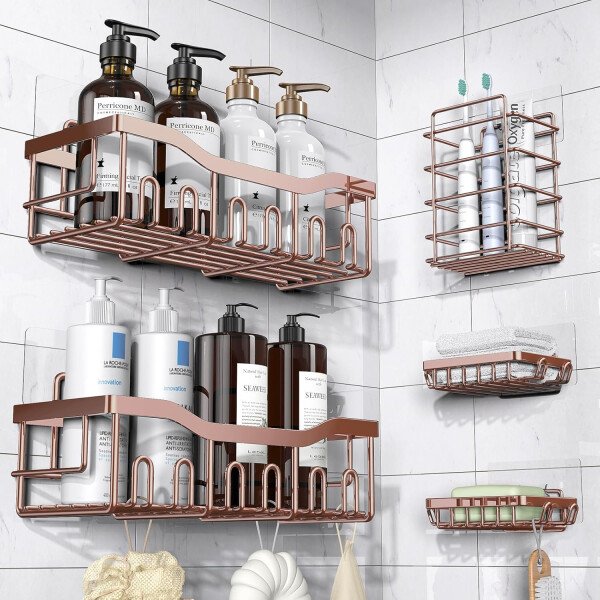 Organizador adhesivo para ducha, paquete de 5 organizadores de baño de acero inoxidable con gran capacidad, estantes sin perforaciones para almacenamiento de baño y decoración del hogar - Imagen 8