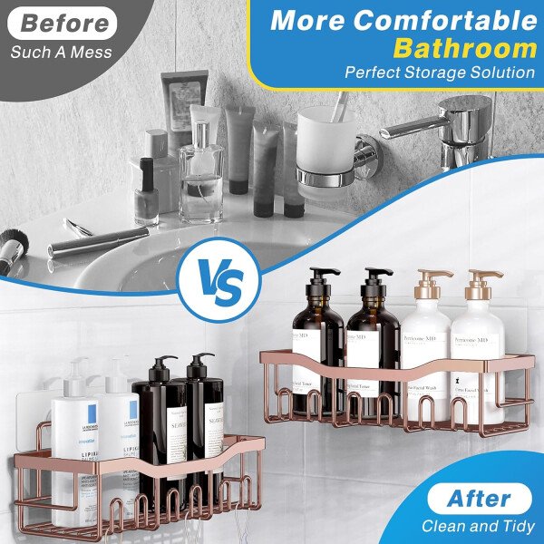 Organizador adhesivo para ducha, paquete de 5 organizadores de baño de acero inoxidable con gran capacidad, estantes sin perforaciones para almacenamiento de baño y decoración del hogar - Imagen 10