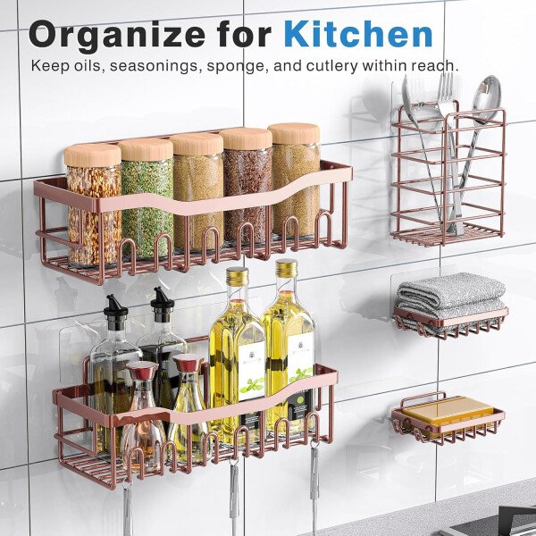 Organizador adhesivo para ducha, paquete de 5 organizadores de baño de acero inoxidable con gran capacidad, estantes sin perforaciones para almacenamiento de baño y decoración del hogar - Imagen 13