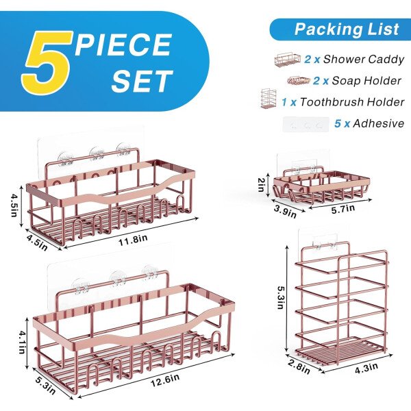 Organizador adhesivo para ducha, paquete de 5 organizadores de baño de acero inoxidable con gran capacidad, estantes sin perforaciones para almacenamiento de baño y decoración del hogar - Imagen 14