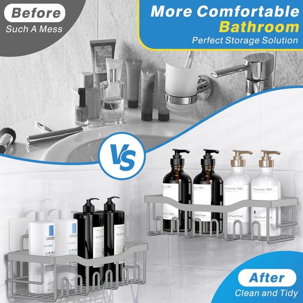 Organizador adhesivo para ducha, paquete de 5 organizadores de baño de acero inoxidable con gran capacidad, estantes sin perforaciones para almacenamiento de baño y decoración del hogar - Imagen 17
