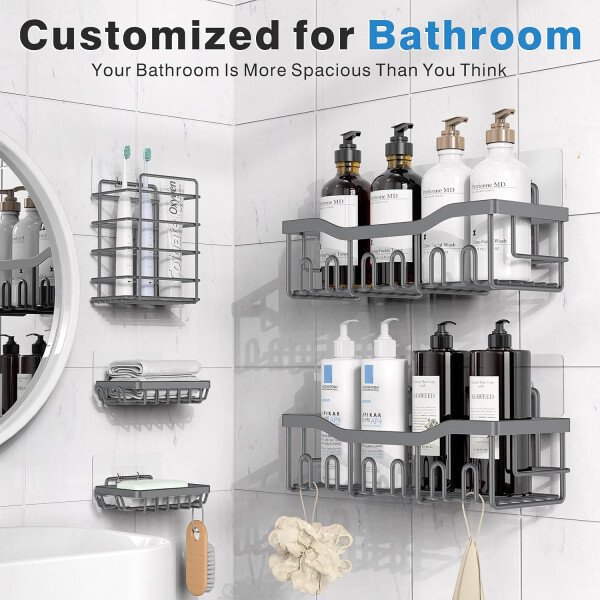 Organizador adhesivo para ducha, paquete de 5 organizadores de baño de acero inoxidable con gran capacidad, estantes sin perforaciones para almacenamiento de baño y decoración del hogar - Imagen 37