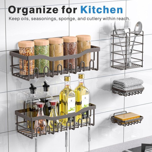 Organizador adhesivo para ducha, paquete de 5 organizadores de baño de acero inoxidable con gran capacidad, estantes sin perforaciones para almacenamiento de baño y decoración del hogar - Imagen 48
