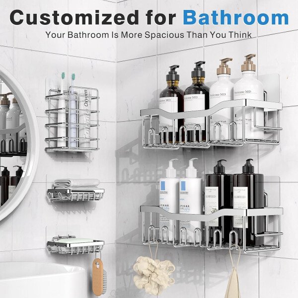 Organizador adhesivo para ducha, paquete de 5 organizadores de baño de acero inoxidable con gran capacidad, estantes sin perforaciones para almacenamiento de baño y decoración del hogar - Imagen 51