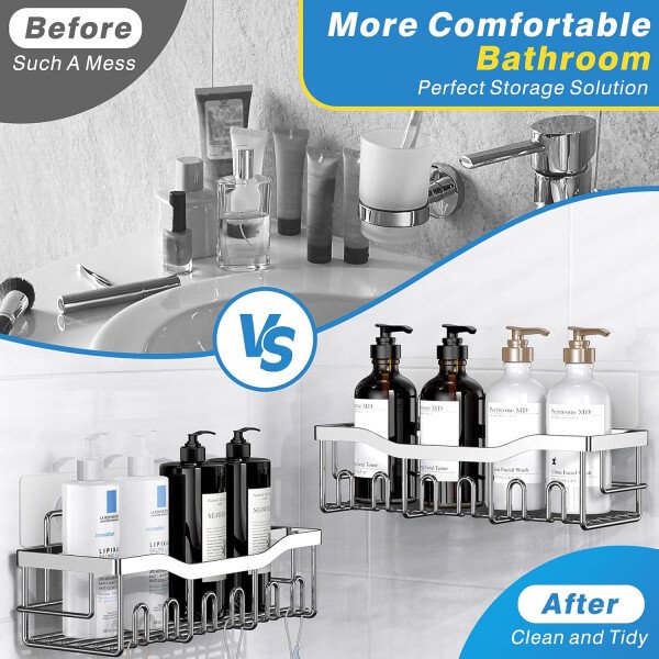 Organizador adhesivo para ducha, paquete de 5 organizadores de baño de acero inoxidable con gran capacidad, estantes sin perforaciones para almacenamiento de baño y decoración del hogar - Imagen 52