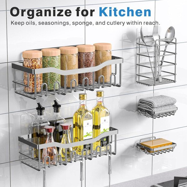 Organizador adhesivo para ducha, paquete de 5 organizadores de baño de acero inoxidable con gran capacidad, estantes sin perforaciones para almacenamiento de baño y decoración del hogar - Imagen 55