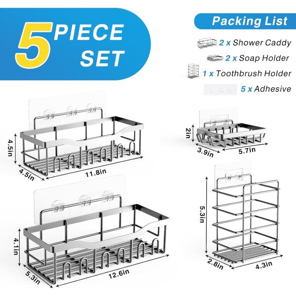 Organizador adhesivo para ducha, paquete de 5 organizadores de baño de acero inoxidable con gran capacidad, estantes sin perforaciones para almacenamiento de baño y decoración del hogar - Imagen 56