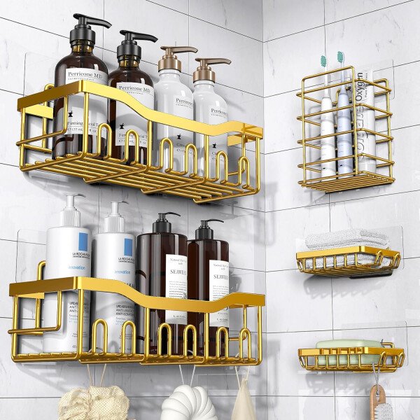 Organizador adhesivo para ducha, paquete de 5 organizadores de baño de acero inoxidable con gran capacidad, estantes sin perforaciones para almacenamiento de baño y decoración del hogar - Imagen 57
