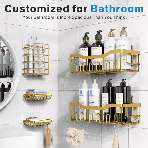 Organizador adhesivo para ducha, paquete de 5 organizadores de baño de acero inoxidable con gran capacidad, estantes sin perforaciones para almacenamiento de baño y decoración del hogar - Imagen 58