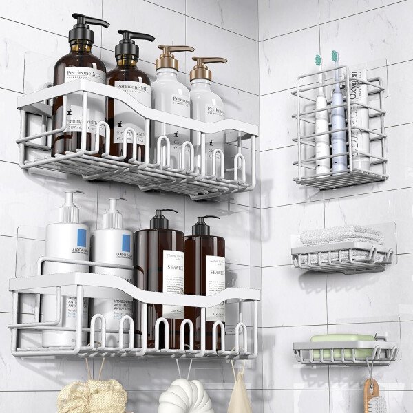 Organizador adhesivo para ducha, paquete de 5 organizadores de baño de acero inoxidable con gran capacidad, estantes sin perforaciones para almacenamiento de baño y decoración del hogar - Imagen 64