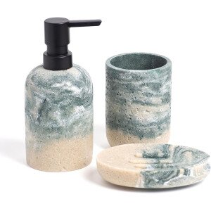 Juego de accesorios de baño, 3 piezas esenciales decorativos de baño con dispensador de jabón de loción, soporte para cepillos de dientes, jabonera, juego de fregadero de baño para decoración del baño