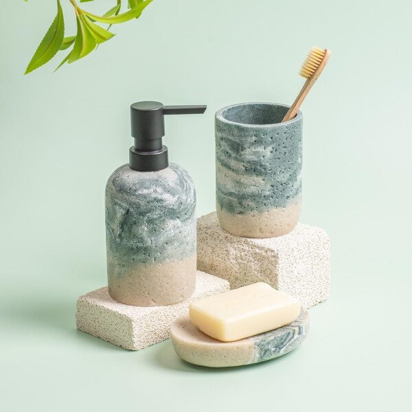 Juego de accesorios de baño, 3 piezas esenciales decorativos de baño con dispensador de jabón de loción, soporte para cepillos de dientes, jabonera, juego de fregadero de baño para decoración del baño - Image 2