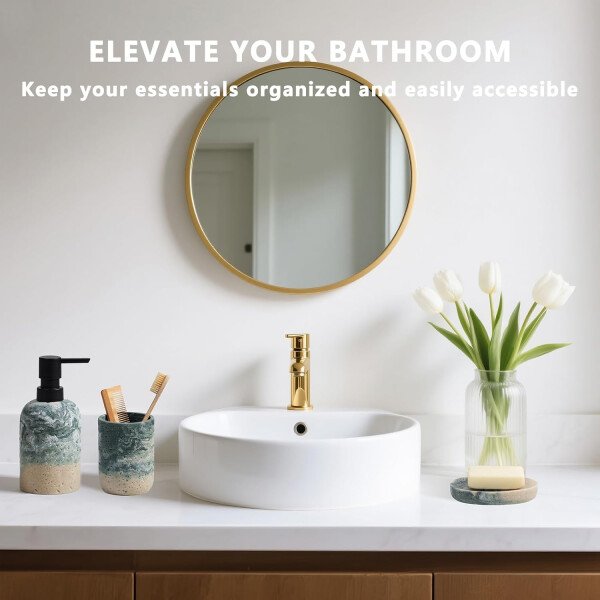 Juego de accesorios de baño, 3 piezas esenciales decorativos de baño con dispensador de jabón de loción, soporte para cepillos de dientes, jabonera, juego de fregadero de baño para decoración del baño - Image 4