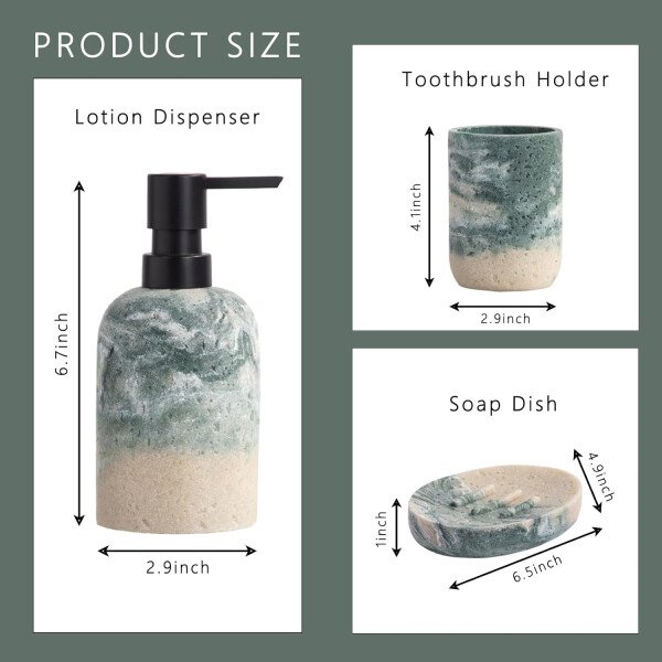 Juego de accesorios de baño, 3 piezas esenciales decorativos de baño con dispensador de jabón de loción, soporte para cepillos de dientes, jabonera, juego de fregadero de baño para decoración del baño - Image 5