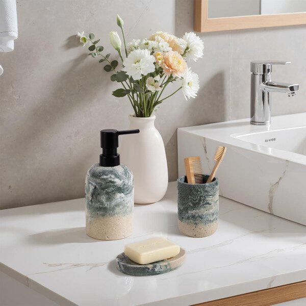 Juego de accesorios de baño, 3 piezas esenciales decorativos de baño con dispensador de jabón de loción, soporte para cepillos de dientes, jabonera, juego de fregadero de baño para decoración del baño - Image 6