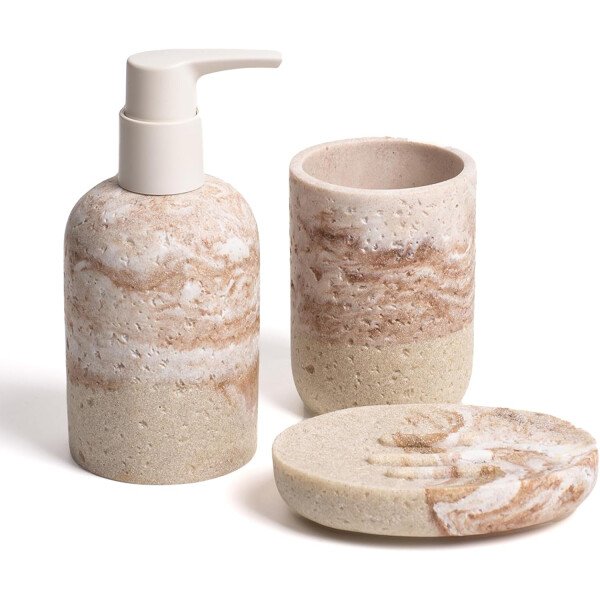 Juego de accesorios de baño, 3 piezas esenciales decorativos de baño con dispensador de jabón de loción, soporte para cepillos de dientes, jabonera, juego de fregadero de baño para decoración del baño - Image 7