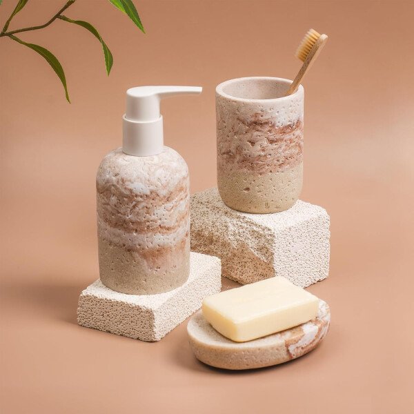 Juego de accesorios de baño, 3 piezas esenciales decorativos de baño con dispensador de jabón de loción, soporte para cepillos de dientes, jabonera, juego de fregadero de baño para decoración del baño - Image 8