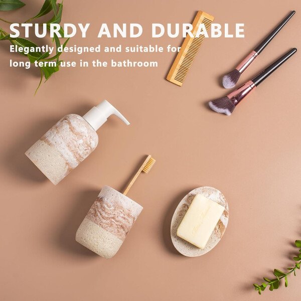 Juego de accesorios de baño, 3 piezas esenciales decorativos de baño con dispensador de jabón de loción, soporte para cepillos de dientes, jabonera, juego de fregadero de baño para decoración del baño - Image 9