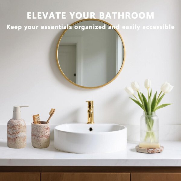 Juego de accesorios de baño, 3 piezas esenciales decorativos de baño con dispensador de jabón de loción, soporte para cepillos de dientes, jabonera, juego de fregadero de baño para decoración del baño - Image 10