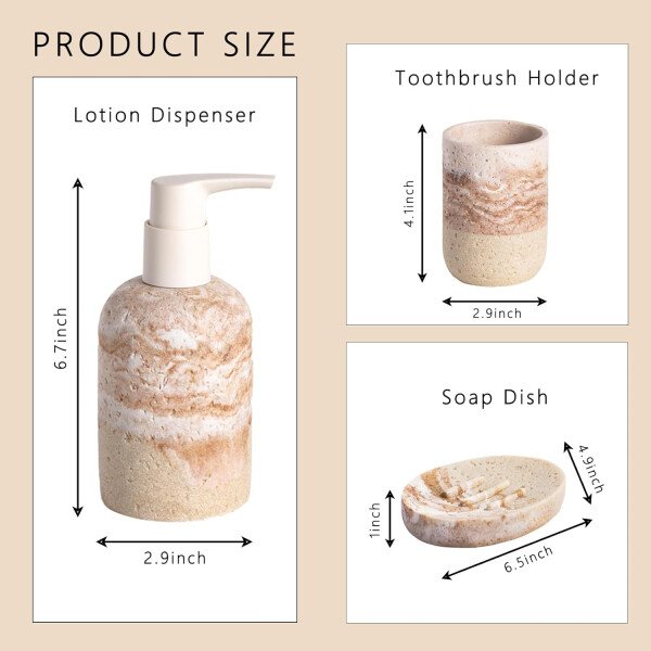 Juego de accesorios de baño, 3 piezas esenciales decorativos de baño con dispensador de jabón de loción, soporte para cepillos de dientes, jabonera, juego de fregadero de baño para decoración del baño - Image 11