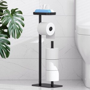 Kitsure Soporte de papel higiénico de pie – Soporte de papel higiénico de metal inoxidable para 4 rollos con base antideslizante y estante para teléfono y artículos pequeños, organizadores de baño y