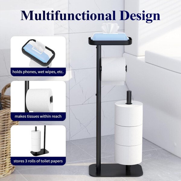 Kitsure Soporte de papel higiénico de pie – Soporte de papel higiénico de metal inoxidable para 4 rollos con base antideslizante y estante para teléfono y artículos pequeños, organizadores de baño y - Image 4