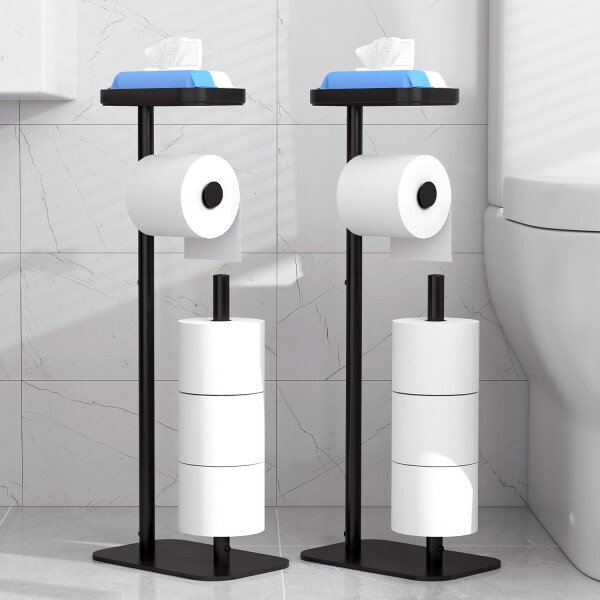 Kitsure Soporte de papel higiénico de pie – Soporte de papel higiénico de metal inoxidable para 4 rollos con base antideslizante y estante para teléfono y artículos pequeños, organizadores de baño y - Image 9