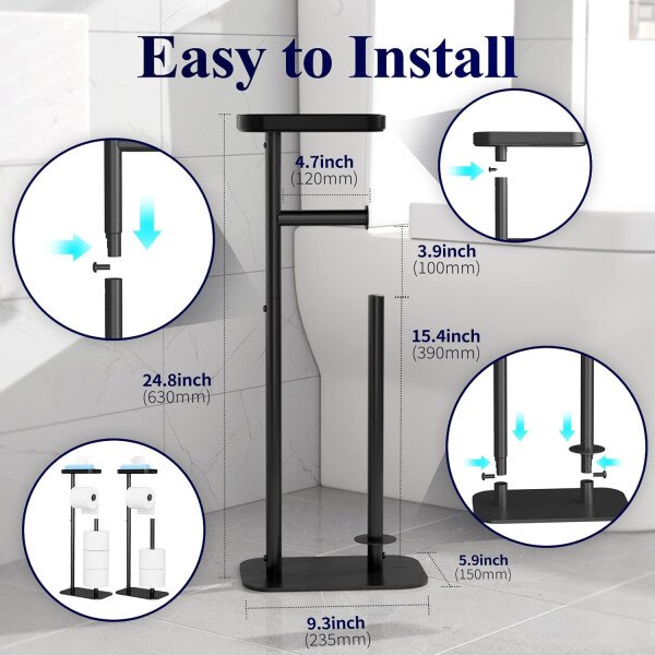 Kitsure Soporte de papel higiénico de pie – Soporte de papel higiénico de metal inoxidable para 4 rollos con base antideslizante y estante para teléfono y artículos pequeños, organizadores de baño y - Image 10
