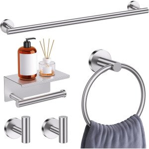 Toallero de níquel cepillado, juego de accesorios de baño, soporte de papel higiénico mejorado de 5 piezas con juego de estantes, toalleros de 23.6 pulgadas para toallero de baño montado en la pared