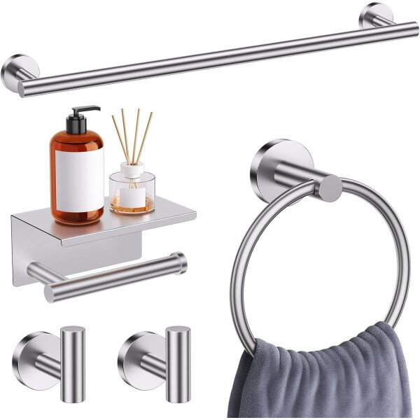Toallero de níquel cepillado, juego de accesorios de baño, soporte de papel higiénico mejorado de 5 piezas con juego de estantes, toalleros de 23.6 pulgadas para toallero de baño montado en la pared