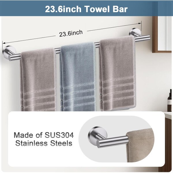 Toallero de níquel cepillado, juego de accesorios de baño, soporte de papel higiénico mejorado de 5 piezas con juego de estantes, toalleros de 23.6 pulgadas para toallero de baño montado en la pared - Image 2