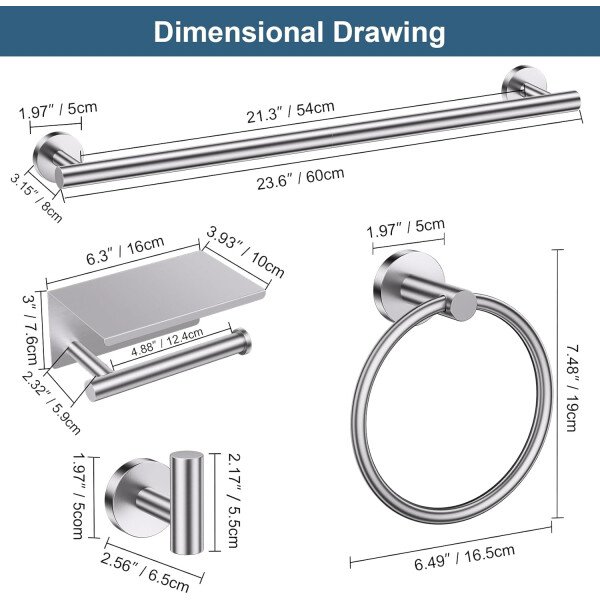 Toallero de níquel cepillado, juego de accesorios de baño, soporte de papel higiénico mejorado de 5 piezas con juego de estantes, toalleros de 23.6 pulgadas para toallero de baño montado en la pared - Image 6