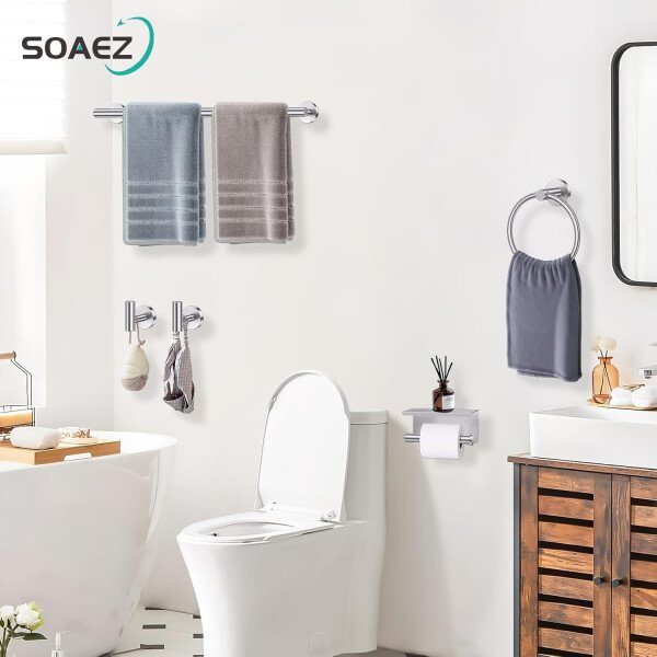 Toallero de níquel cepillado, juego de accesorios de baño, soporte de papel higiénico mejorado de 5 piezas con juego de estantes, toalleros de 23.6 pulgadas para toallero de baño montado en la pared - Image 7
