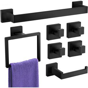 Juego de 7 toalleros para baño, SUS304 negro mate, accesorios de baño negros de acero inoxidable, montaje en pared de acero inoxidable, juego de barra de toallas de baño