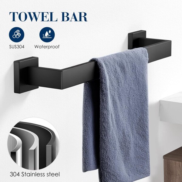 Juego de 7 toalleros para baño, SUS304 negro mate, accesorios de baño negros de acero inoxidable, montaje en pared de acero inoxidable, juego de barra de toallas de baño - Image 2