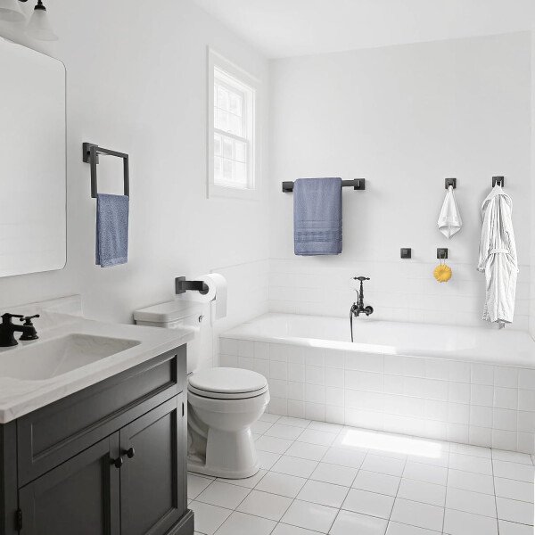 Juego de 7 toalleros para baño, SUS304 negro mate, accesorios de baño negros de acero inoxidable, montaje en pared de acero inoxidable, juego de barra de toallas de baño - Image 6