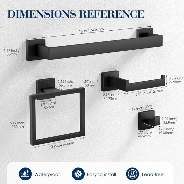 Juego de 7 toalleros para baño, SUS304 negro mate, accesorios de baño negros de acero inoxidable, montaje en pared de acero inoxidable, juego de barra de toallas de baño - Image 7