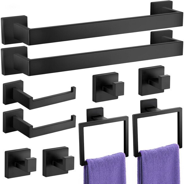 Juego de 7 toalleros para baño, SUS304 negro mate, accesorios de baño negros de acero inoxidable, montaje en pared de acero inoxidable, juego de barra de toallas de baño - Image 9