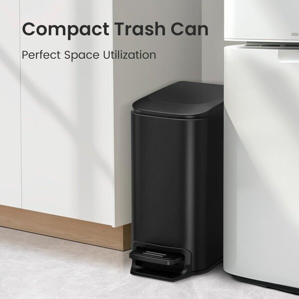 Cesun Cubo de basura pequeño para baño con tapa, cierre suave, pedal escalonado, cubo de basura de acero inoxidable de 6 litros/1.6 galones con cubo interior extraíble, acabado antihuellas (negro - Image 3