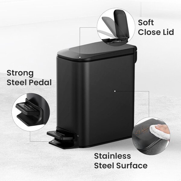 Cesun Cubo de basura pequeño para baño con tapa, cierre suave, pedal escalonado, cubo de basura de acero inoxidable de 6 litros/1.6 galones con cubo interior extraíble, acabado antihuellas (negro - Image 4