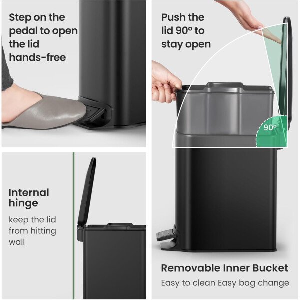 Cesun Cubo de basura pequeño para baño con tapa, cierre suave, pedal escalonado, cubo de basura de acero inoxidable de 6 litros/1.6 galones con cubo interior extraíble, acabado antihuellas (negro - Image 5