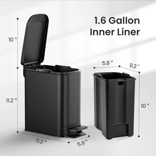 Cesun Cubo de basura pequeño para baño con tapa, cierre suave, pedal escalonado, cubo de basura de acero inoxidable de 6 litros/1.6 galones con cubo interior extraíble, acabado antihuellas (negro - Image 6