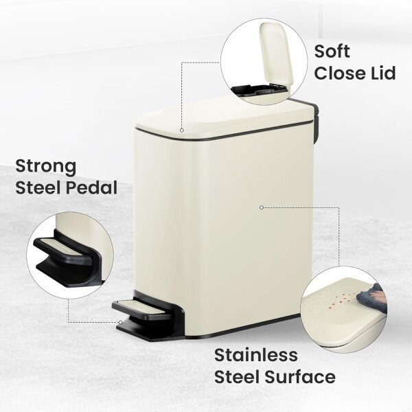Cesun Cubo de basura pequeño para baño con tapa, cierre suave, pedal escalonado, cubo de basura de acero inoxidable de 6 litros/1.6 galones con cubo interior extraíble, acabado antihuellas (negro - Image 12
