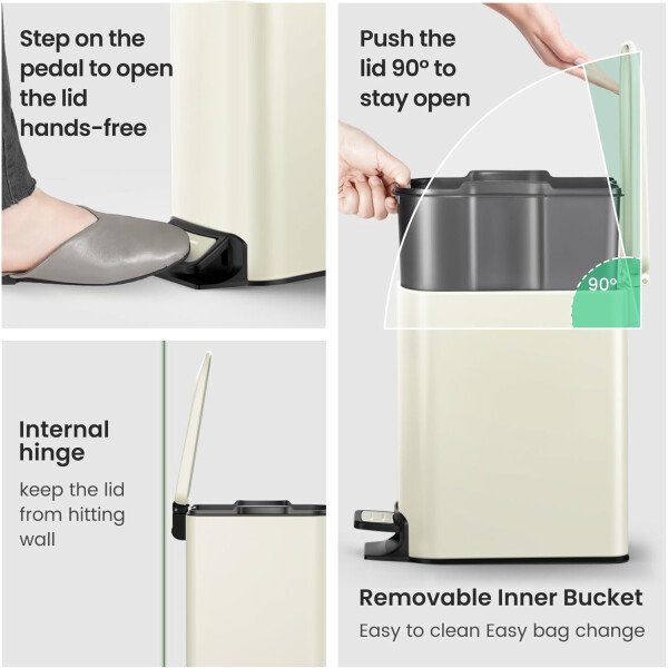 Cesun Cubo de basura pequeño para baño con tapa, cierre suave, pedal escalonado, cubo de basura de acero inoxidable de 6 litros/1.6 galones con cubo interior extraíble, acabado antihuellas (negro - Image 13