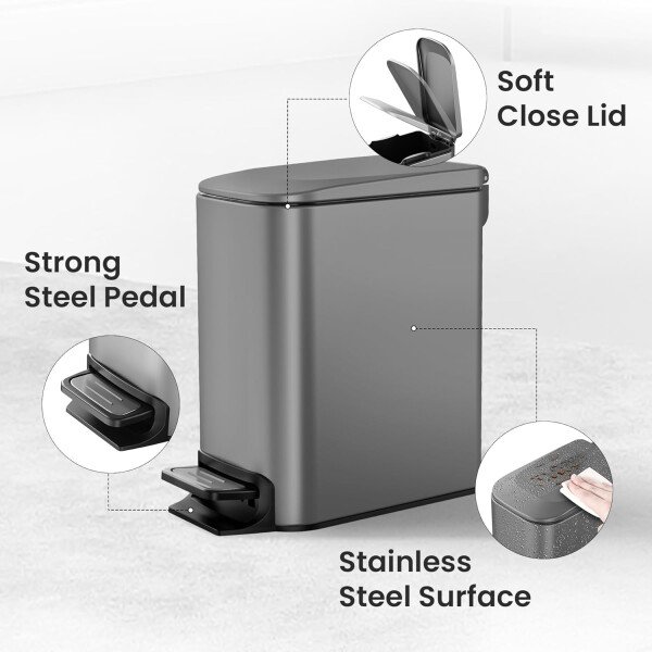 Cesun Cubo de basura pequeño para baño con tapa, cierre suave, pedal escalonado, cubo de basura de acero inoxidable de 6 litros/1.6 galones con cubo interior extraíble, acabado antihuellas (negro - Image 20