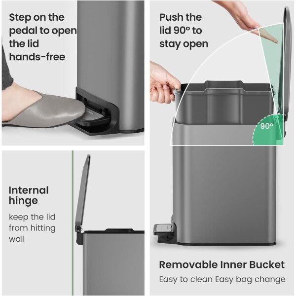 Cesun Cubo de basura pequeño para baño con tapa, cierre suave, pedal escalonado, cubo de basura de acero inoxidable de 6 litros/1.6 galones con cubo interior extraíble, acabado antihuellas (negro - Image 21