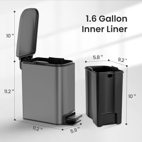 Cesun Cubo de basura pequeño para baño con tapa, cierre suave, pedal escalonado, cubo de basura de acero inoxidable de 6 litros/1.6 galones con cubo interior extraíble, acabado antihuellas (negro - Image 22