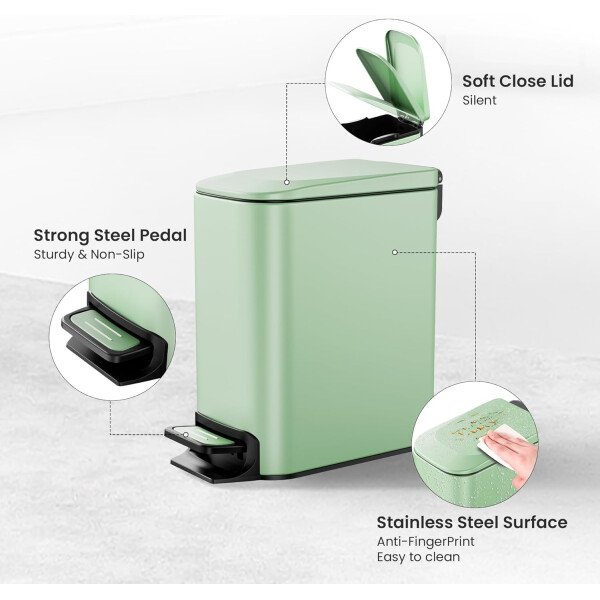 Cesun Cubo de basura pequeño para baño con tapa, cierre suave, pedal escalonado, cubo de basura de acero inoxidable de 6 litros/1.6 galones con cubo interior extraíble, acabado antihuellas (negro - Image 27