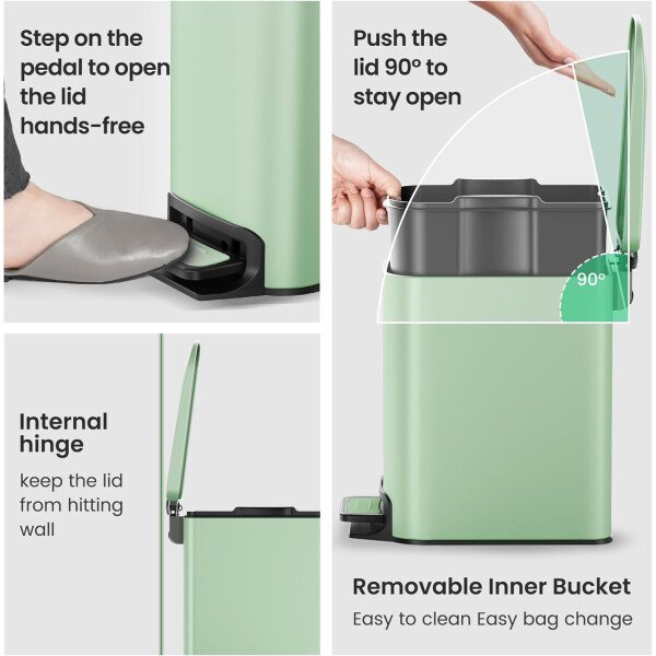 Cesun Cubo de basura pequeño para baño con tapa, cierre suave, pedal escalonado, cubo de basura de acero inoxidable de 6 litros/1.6 galones con cubo interior extraíble, acabado antihuellas (negro - Image 29