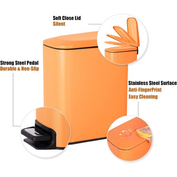 Cesun Cubo de basura pequeño para baño con tapa, cierre suave, pedal escalonado, cubo de basura de acero inoxidable de 6 litros/1.6 galones con cubo interior extraíble, acabado antihuellas (negro - Image 34